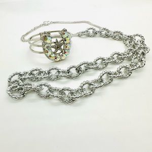 Rhinestone Horseshoe Bracelet & Silver Link Necklace